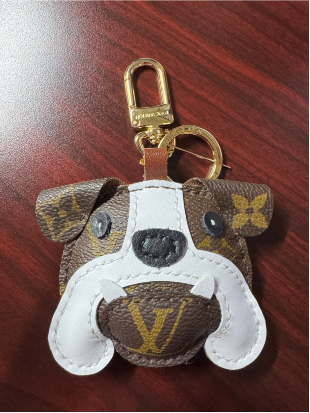 Handmade Bulldog Bag Charm Keychain | Upcycled Authentic Canvas | Gold Hardware - Picture 5 of 6